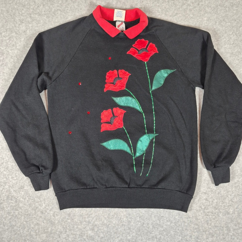 Vintage Jerzeez Sweatshirt Womens Large Black Floral Collared Made in USA